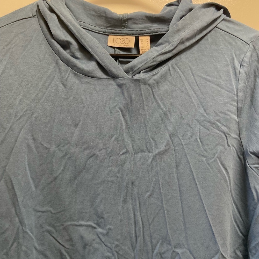 Logo by Lori Goldstein  blue top w hood size medium